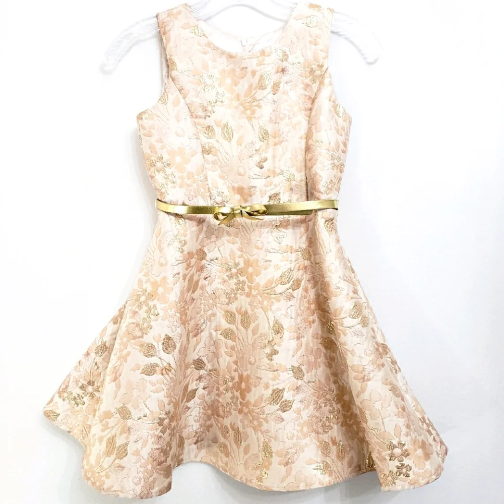 Place Peach/Gold Jacquard Floral Party Dress